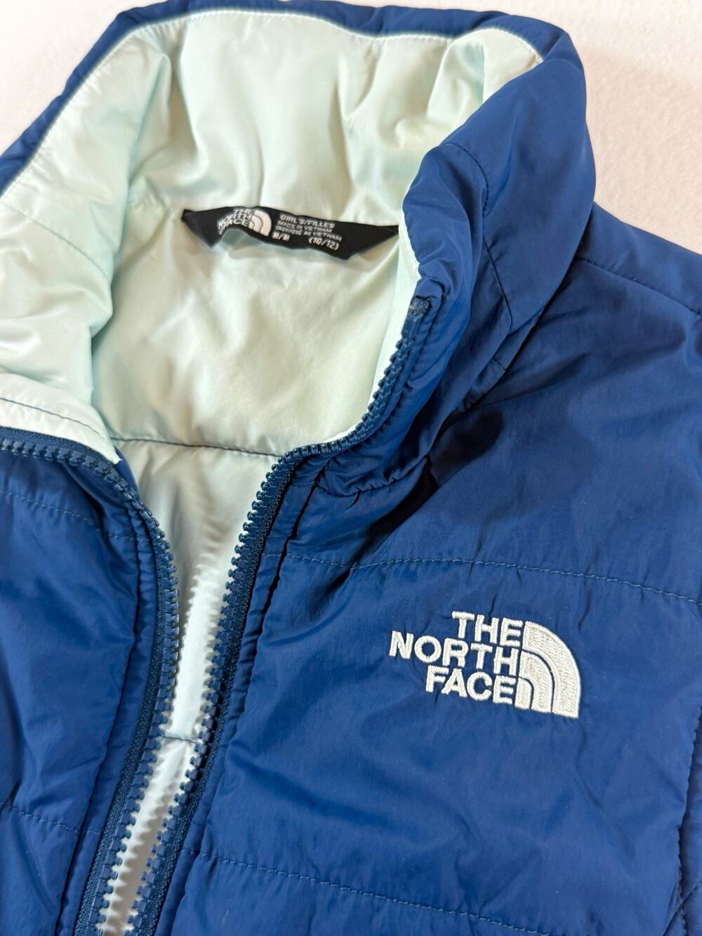 The North Face Girls Puffer Vest Full Zip Stand Collar Blue Size 10-12